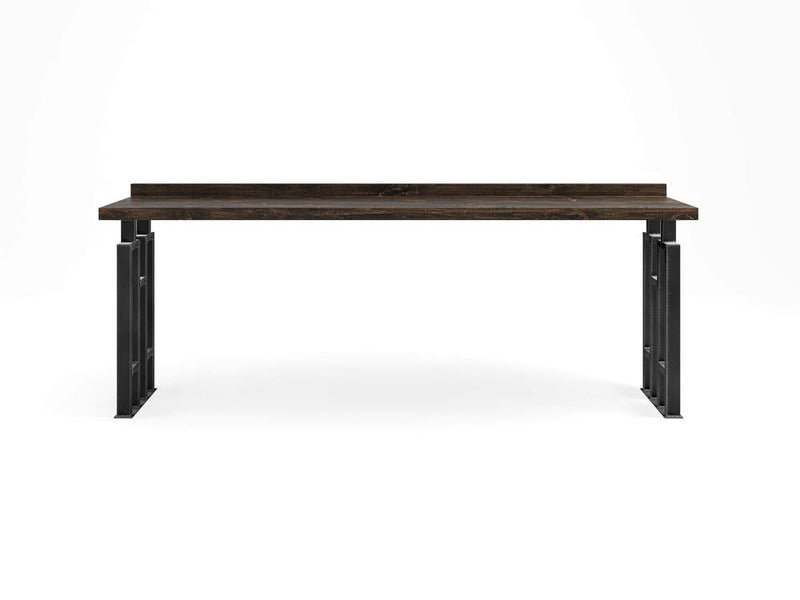 Introducing the Clark Sofa Table - Tobacco by James+James: A modern table with a sleek dark wooden top and sturdy black metal legs. This table boasts an industrial design with a minimalist aesthetic, featuring side supports that provide ample open space underneath. Set against a plain white background, it’s perfect for any contemporary interior.