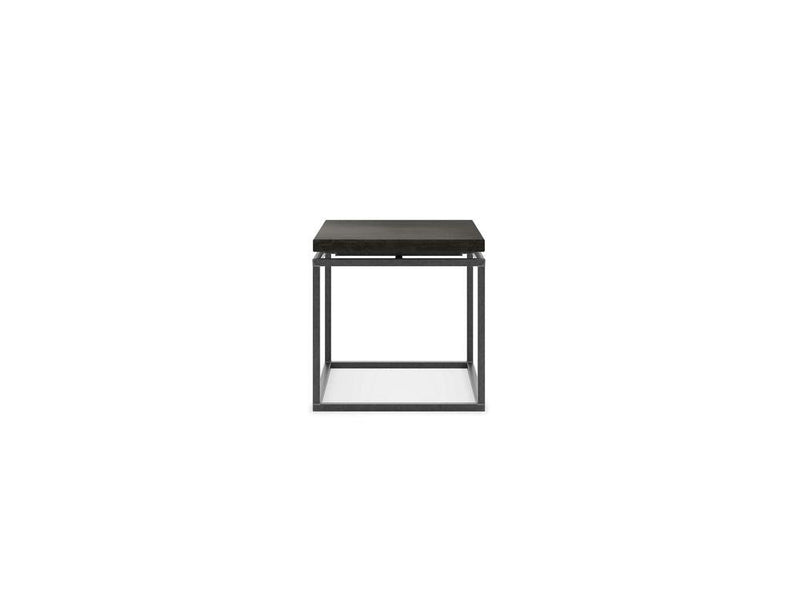 The Floating Top End Table - Charred Ember by James+James is a minimalist black side table with a square top and an open metal frame. Its modern, geometric design features clean lines and a sleek, sophisticated appearance. The tabletop looks to be made of a dark material, potentially wood or stone.