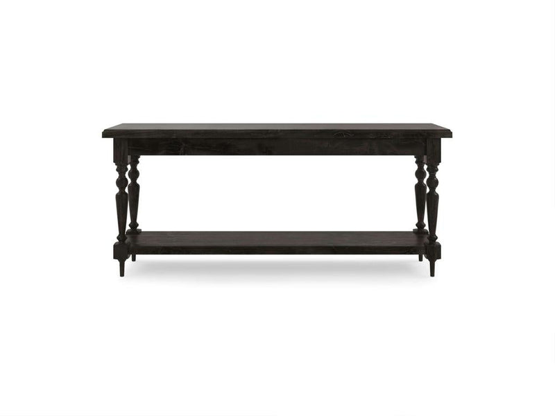 The Ella Sofa Table - Charred Ember by James+James is a black wooden console table with a flat rectangular top and an open lower shelf. This table features four decorative turned legs and boasts a simple, classic design. It is photographed against a plain white background.