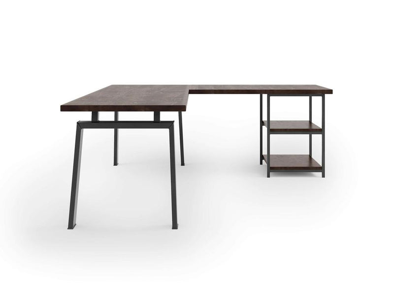 The Fulton Corner Desk by James & James features a modern L-shape with a dark tobacco wooden surface, black metal legs, and open shelves on one side for storage or decoration against a white background.
