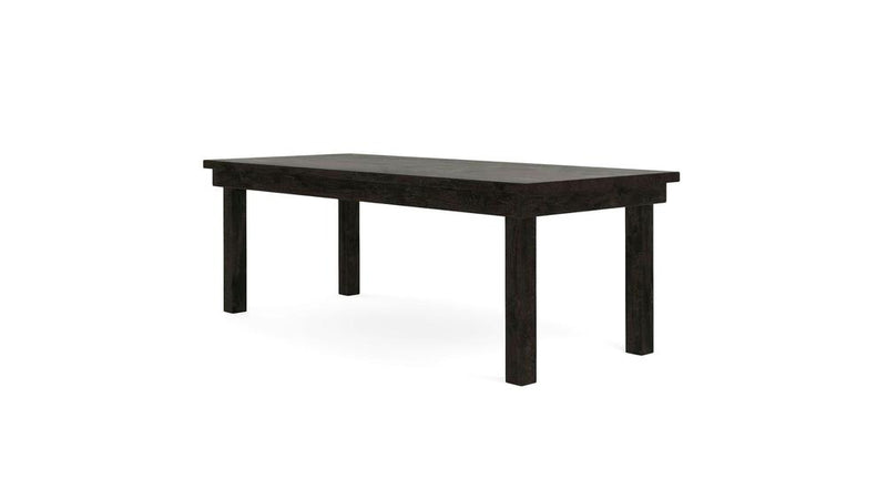 The Farmhouse Dining Table - Charred Ember by James+James is a straightforward, dark wooden table featuring a rectangular top and four straight legs. Its minimalist design is free from any additional features or decorations, and it is set against a plain white background.