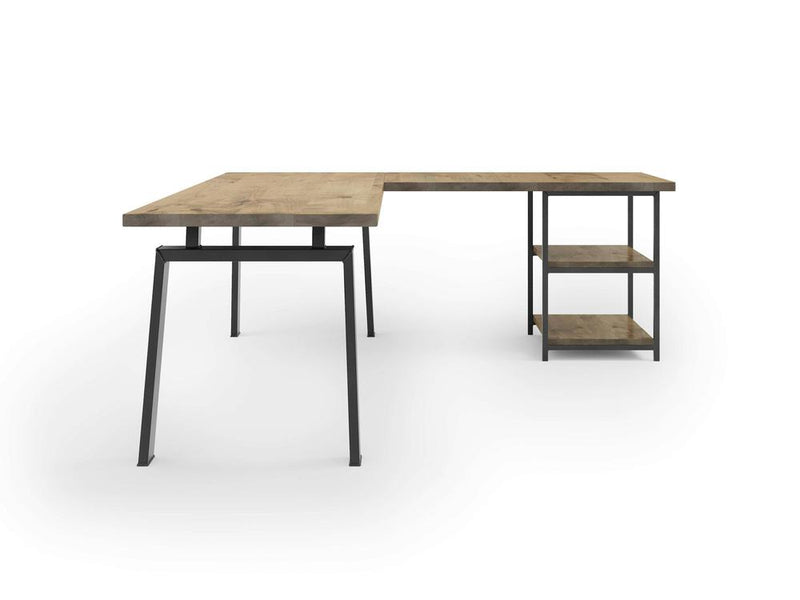 The Fulton Corner Desk - Harvest Wheat by James & James features an L-shaped wooden design with black metal legs, a spacious tabletop, and two open shelves on the right side. Its modern, minimalist style is enhanced by a natural finish.