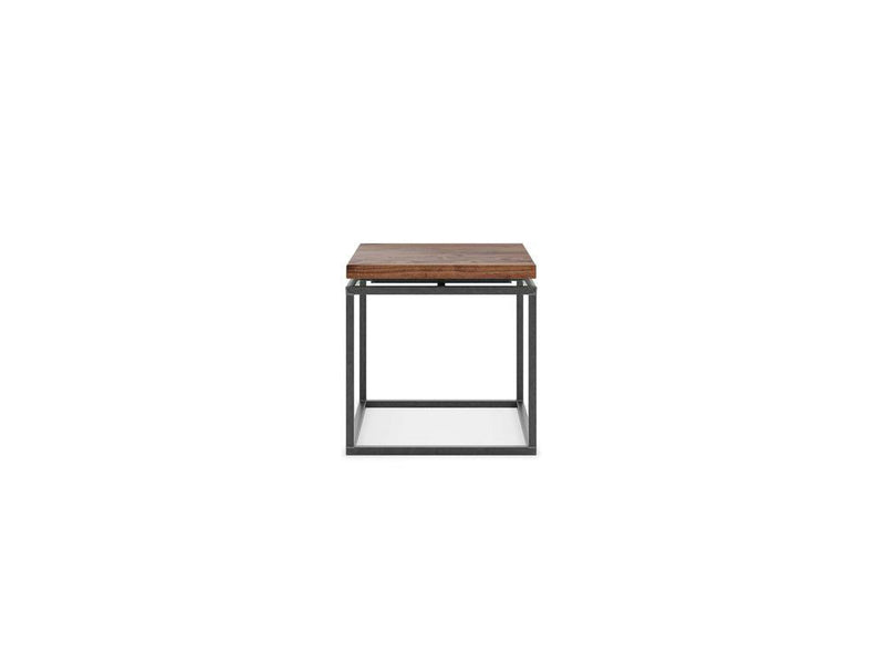 Front view of the James+James Floating Top End Table - Tuscany featuring a square wooden top and a black metal open frame base. The table showcases a clean, minimalist design made of high-quality materials, making it suitable for various interior settings.