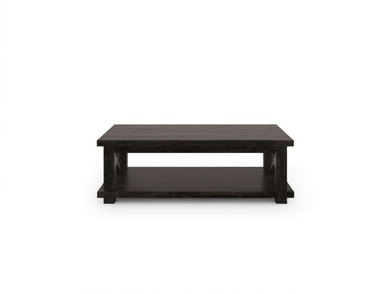 The Carter X Coffee Table - Tobacco by James+James is a rectangular piece made of dark wood, featuring a solid top with an open shelf beneath. Its simple and modern design boasts clean lines and a sturdy build, perfectly displayed against a plain white background.