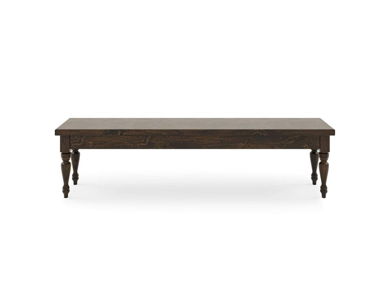 The James & James Chateau Bench - Tobacco is a dark brown wooden rectangular coffee table with a flat top and four turned legs, displayed against a white background.