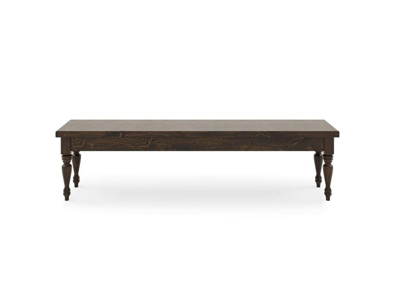 The James & James Chateau Bench - Tobacco is a dark brown wooden rectangular coffee table with a flat top and four turned legs, displayed against a white background.