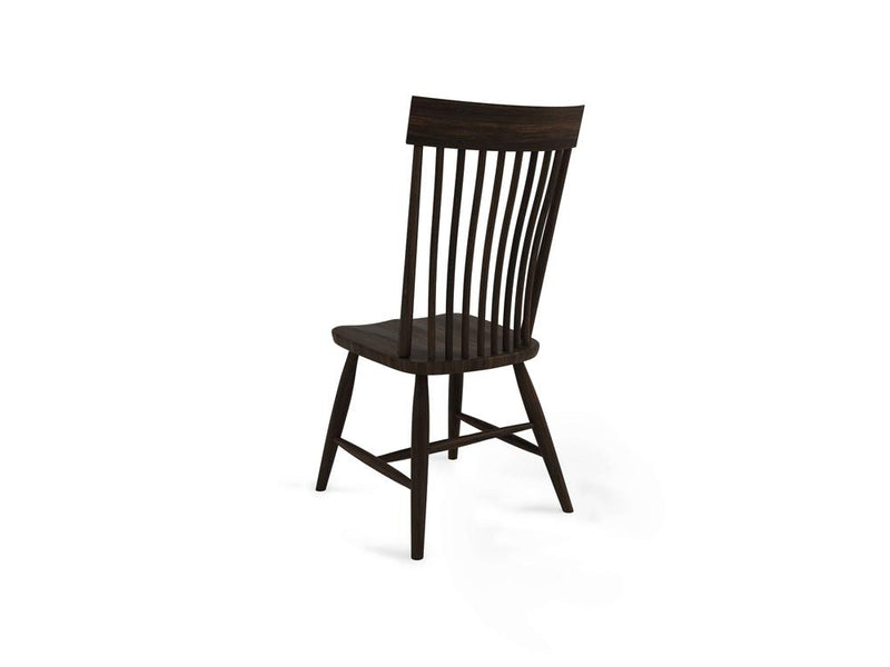 A dark wooden chair with a slatted backrest and slightly angled legs on a white background. The chairs design is simple and classic, with clean lines and a smooth finish.