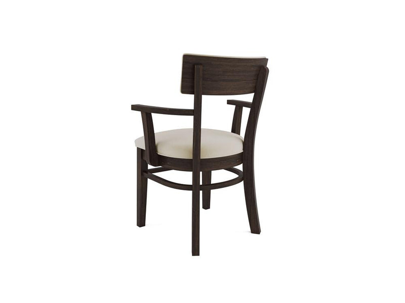 Modern wooden chair with a curved backrest and armrests, featuring a padded cream-colored seat. The chair is positioned at an angle, displaying its dark wood finish and minimalist design.
