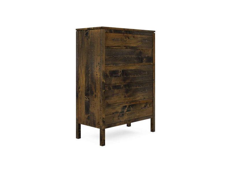 The Jensen Tall Chest by James & James is a tall, wooden dresser made from solid maple with a rustic finish. It has five spacious drawers, visible grain patterns, and a slightly weathered look for vintage charm, all supported by four sturdy legs.