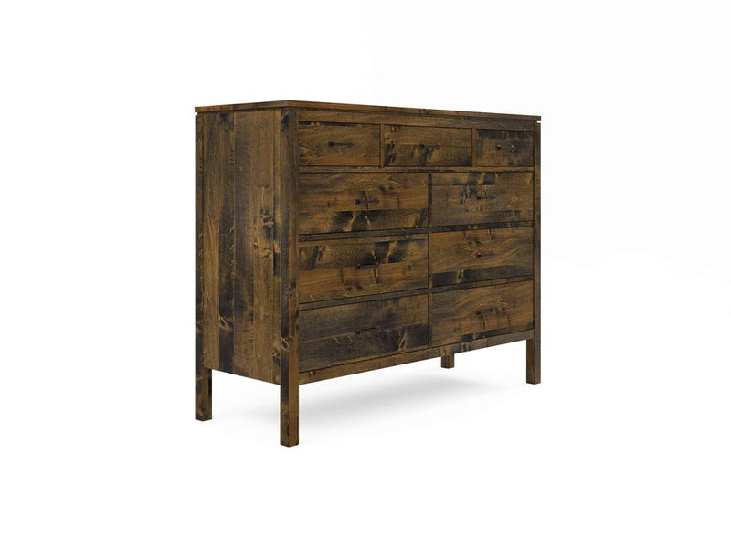 The Jensen 9 Drawer Dresser by James & James, crafted from solid maple hardwood with a rustic finish, features a modern design of two top small drawers and four larger ones below. It has clean lines, warm wood tones, and sturdy construction, standing elegantly against a white background.