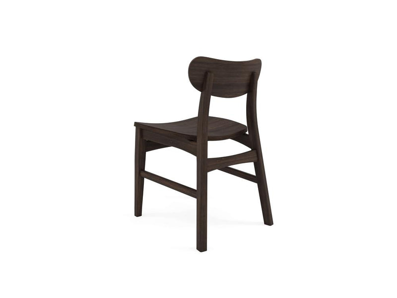 Introducing the Lynn Dining Chair in Tobacco by James+James, an exquisite piece that boasts a dark brown wooden frame with a sophisticated curved backrest. This minimalist, modern design features a slightly curved seat for enhanced comfort and showcases simple, clean lines without armrests. The chair is positioned facing slightly to the right, offering a glimpse of its elegant back view.