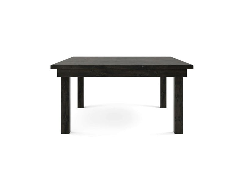 The James+James Farmhouse Square Dining Table in Charred Ember, viewed from the front against a white background, boasts a dark wooden construction with a simple rectangular design and sturdy legs. The table features a smooth, flat surface and clean, minimalist lines.