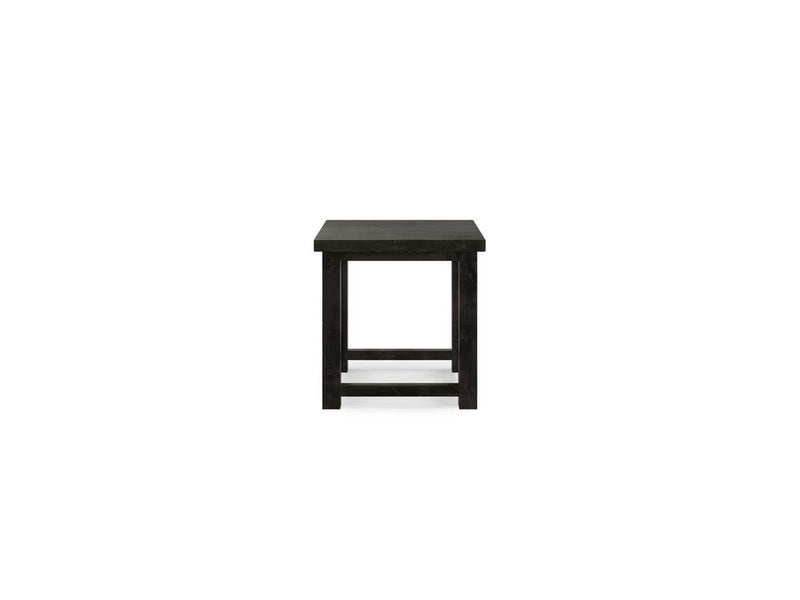 The Carter X Side Table - Charred Ember by James+James is a small side table made from dark wood, featuring a square top, four straight legs, and a horizontal support connecting the legs near the base. Its design is simple and minimalist.