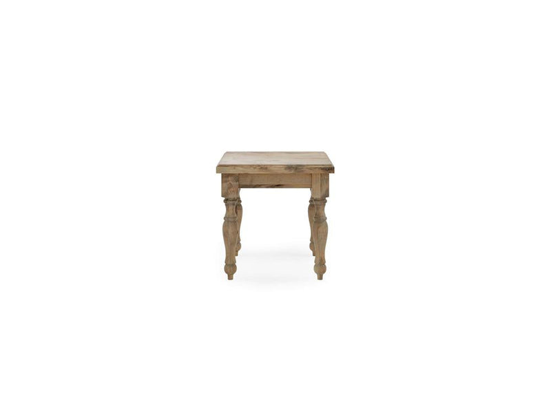 The Abigail End Table - Harvest Wheat by James+James is a small wooden side table with an unfinished appearance. The square tabletop is supported by four turned legs, enhancing its rustic charm. The wood features a natural, weathered finish.