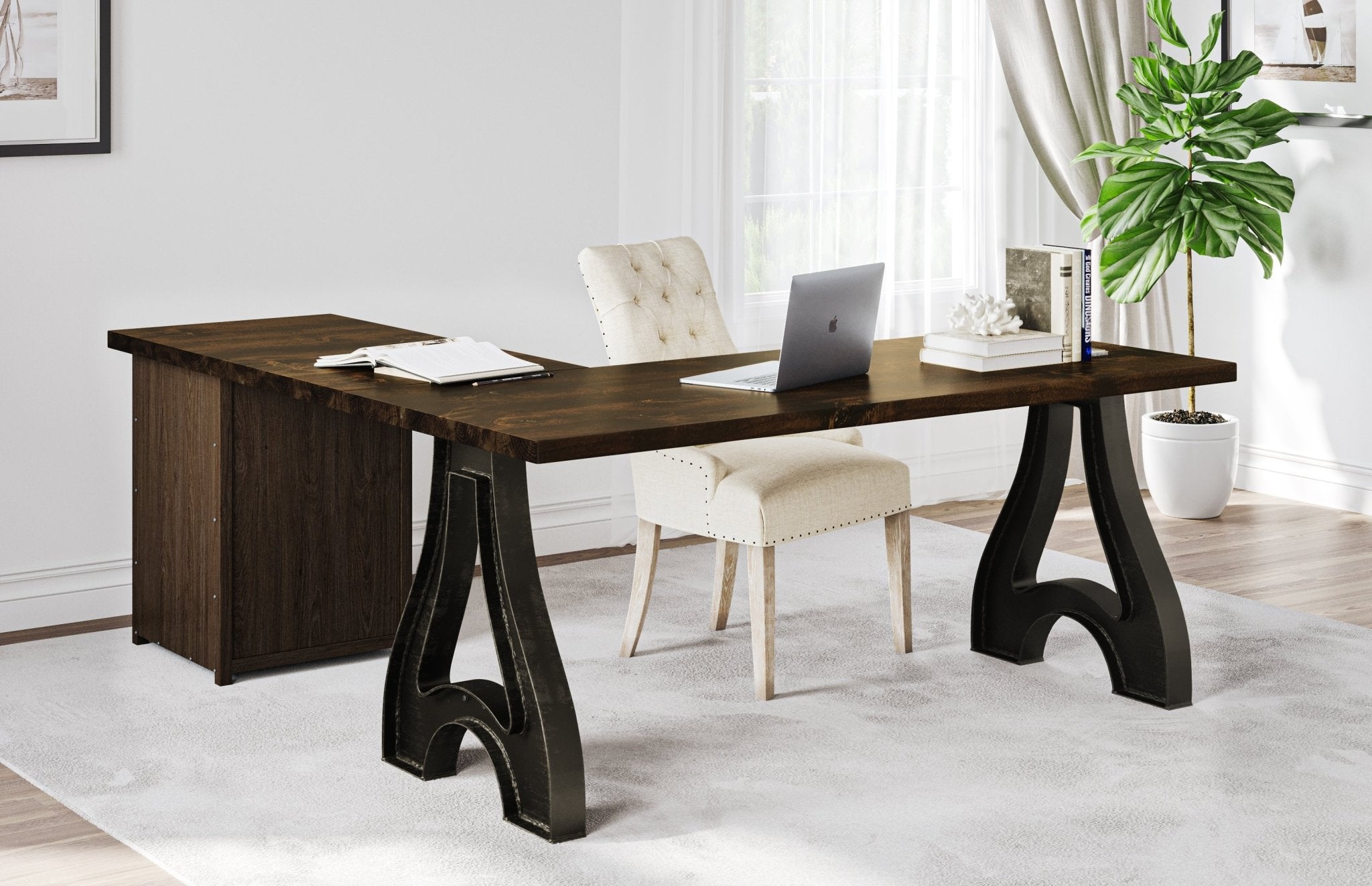 Industrial Hardwood Wishbone Corner Desk with Filing Cabinet – James ...