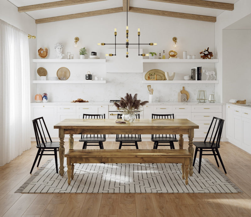 Pictured at 7' in Harvest Wheat Finish. Pictured with the <a href="/products/hardwood-country-french-turned-leg-table">Country French Turned Leg Table</a> at 7' L x 37" W in Harvest Wheat Finish. Pictured with <a href="/products/modern-oak-windsor-dining-chair">Modern Oak Windsor Chairs</a>, <a href="/products/jersey-chandelier">Jersey Chandelier</a>, and the <a href="/products/satellite-area-rug">Satellite Area Rug</a>.