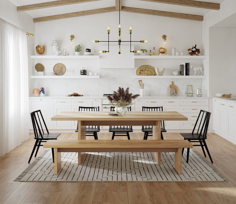 Pictured at 7' L x 37" W in Satin - No Stain Finish. Pictured with <a href="/products/noelle-white-oak-dining-bench">Noelle White Oak Bench</a> in Satin - No Stain Finish, <a href="/products/modern-oak-windsor-dining-chair">Modern Oak Windsor Chairs</a>, and <a href="/products/satellite-area-rug">Satellite Area Rug</a>.